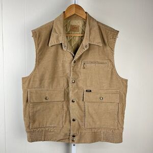 Vintage 70s Lee Corduroy Vest Tan Quilted Lining USA Retro Indie Mens Large